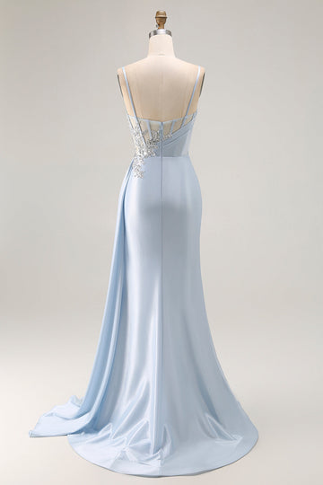 Light Blue Mermaid Appliqued Corset Long Prom Dress With Slit